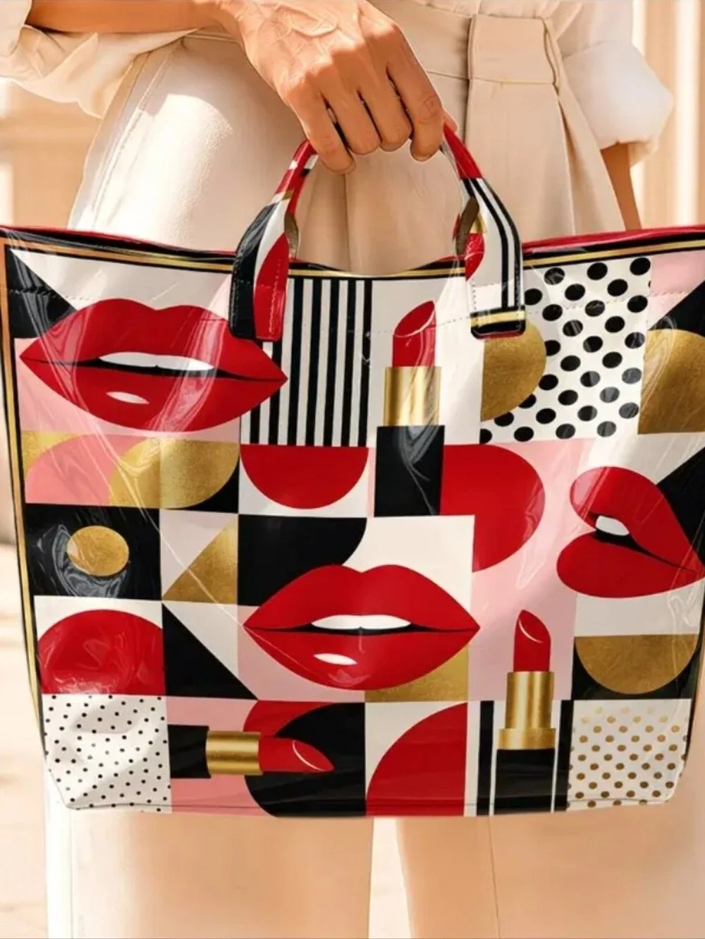 Women Retro Polka Dot Lipstick Print PVC Large Tote Bag